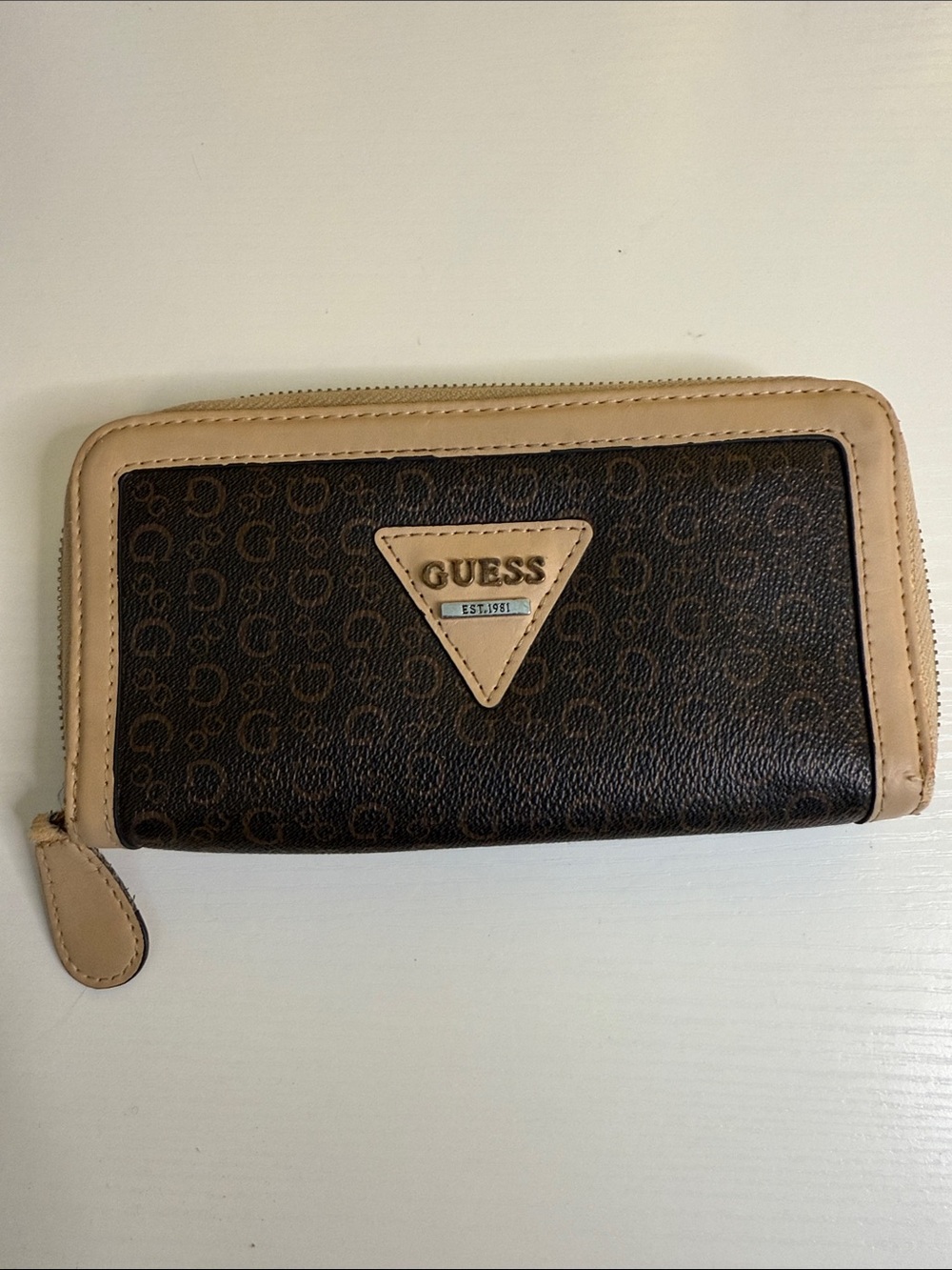 GUESS Brown and Tan Monogram Zip Wallet
